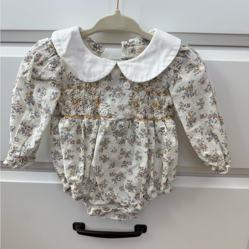 Petite Moss Floral Smocked Long-Sleeve Romper